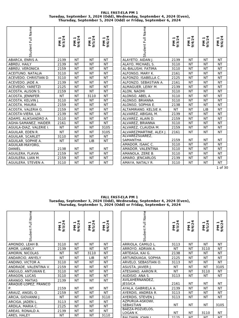 FALL+FAST ELA+PM+1+Student+Room+Assignment+(1) | PDF