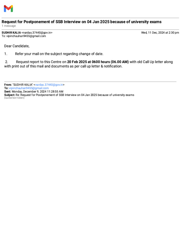 SSB Interview Postponement Request | PDF