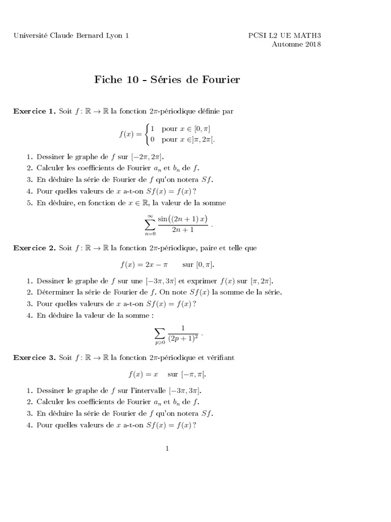 Séries de Fourier : Exercices et Solutions | PDF | Mathématiques ...