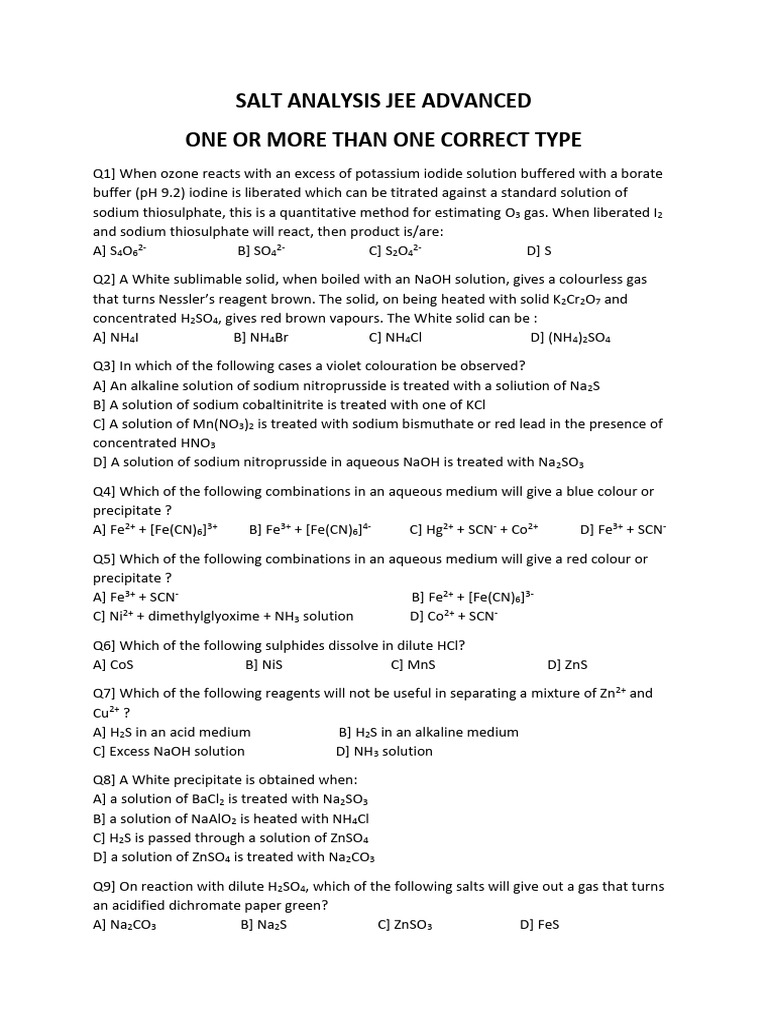 APSL-06 Salt Analysis M.T.O.C 15 Questions | PDF | Sodium | Sodium ...