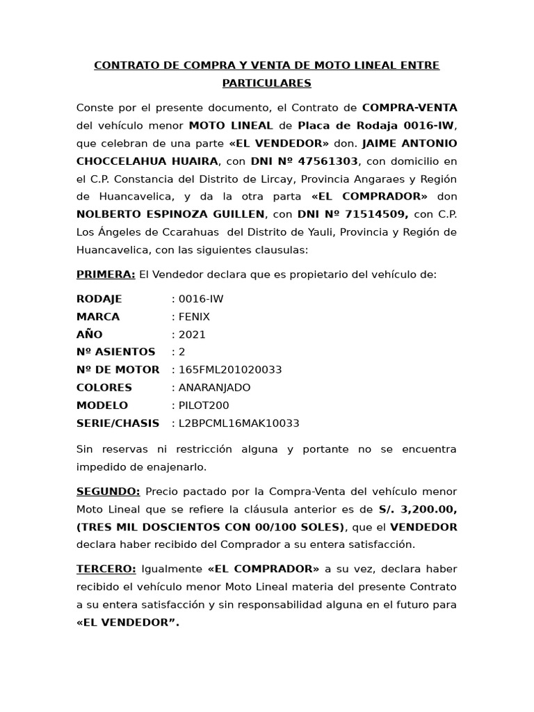 Contrato de Compra y Venta de Moto Taxi Entre Particulares | PDF