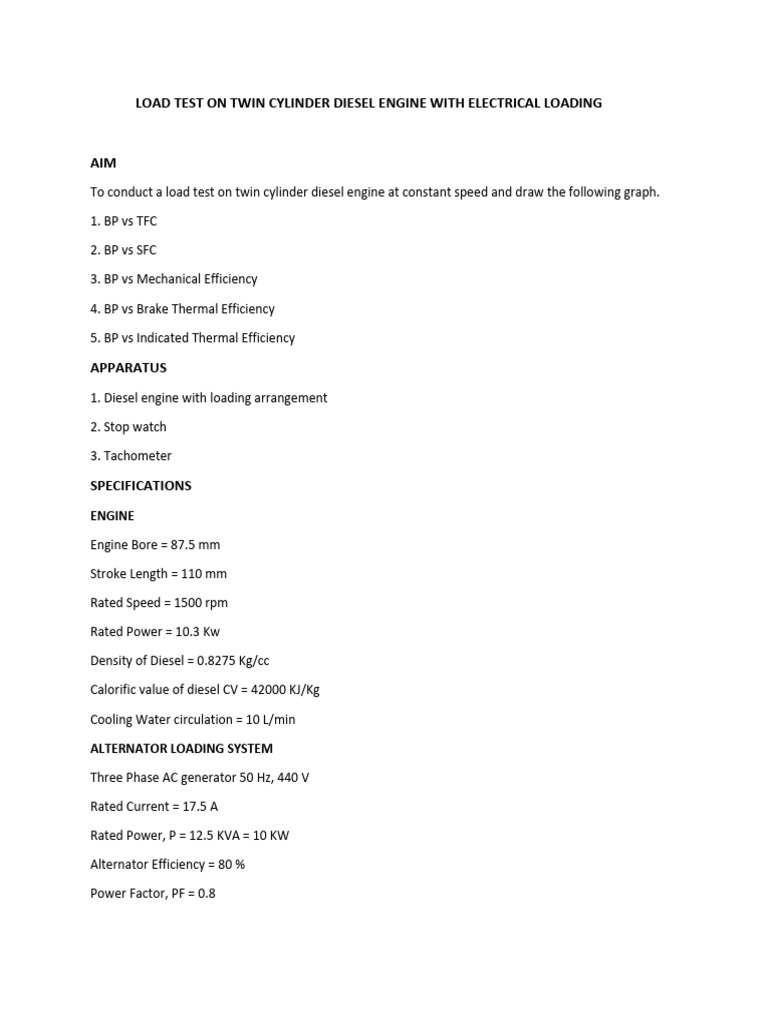Load Testing Twin Cylinder Diesel Engine | PDF | Diesel Engine | Engines