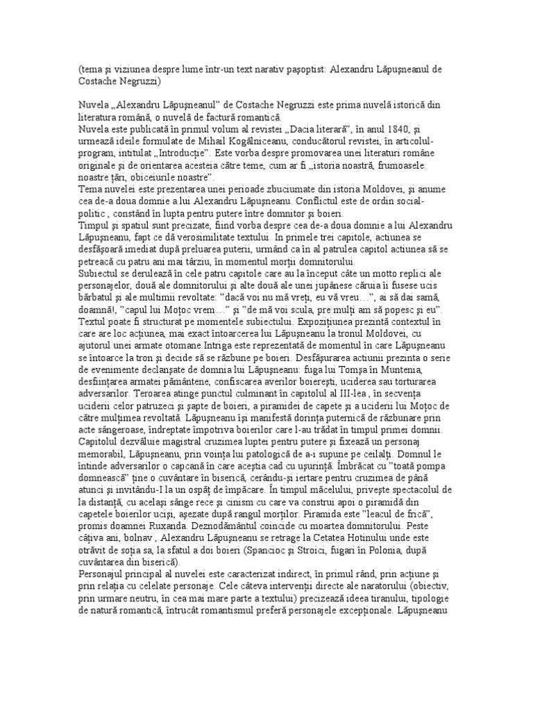 Text Narativ Pasoptist Tema Si Viziunea Despre Lume Intr Un Text Narativ Pasoptist Alexandru LÄƒpusneanul De Costache Negruzzi