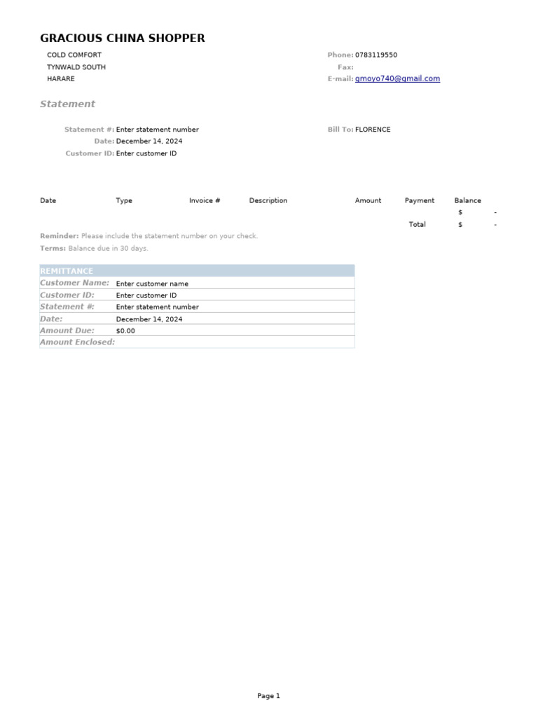 Invoice Statement for Gracious China Shopper | PDF