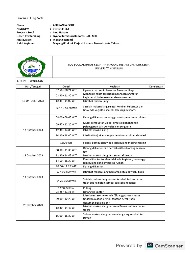 Log Book Magang Bawaslu Tidore | PDF