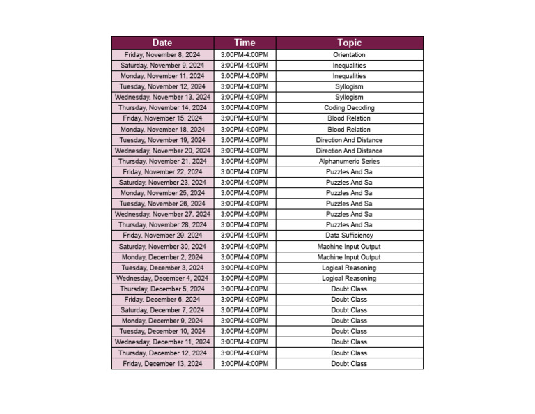 November-December 2024 Class Schedule | PDF
