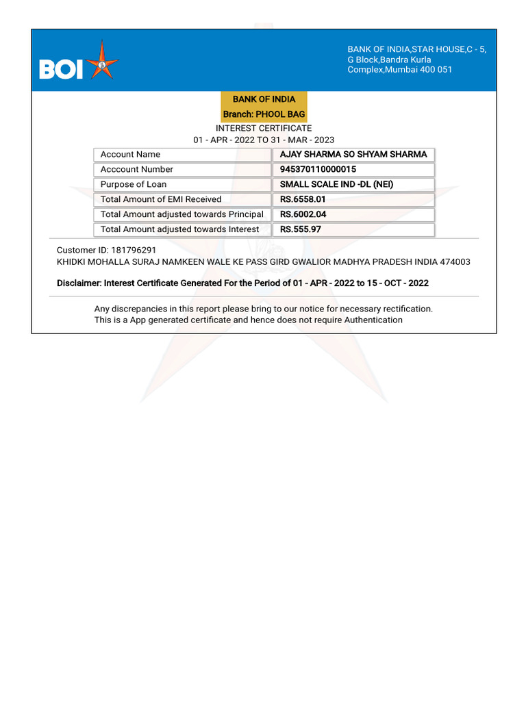BOI MPay Interest Certificate - 15oct2022 | PDF