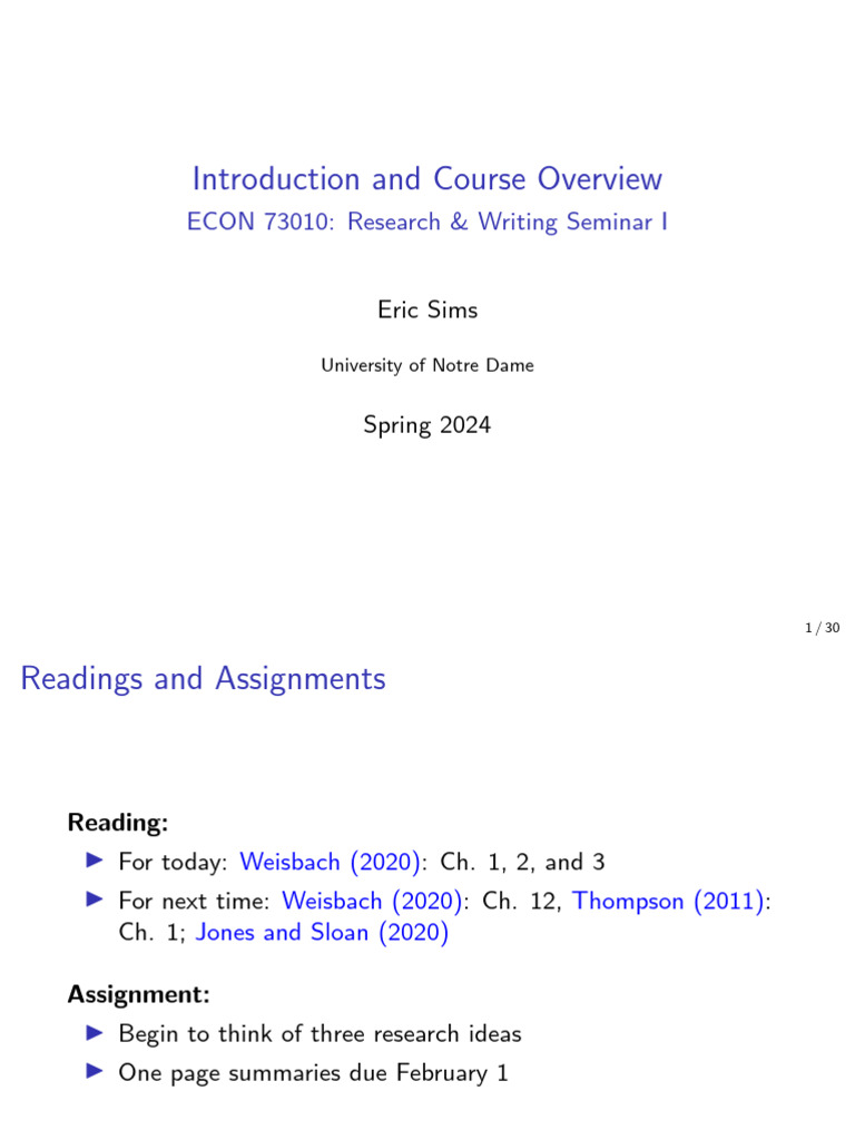 ECON 73010: Research Seminar Overview | PDF | Jmp (Statistical Software ...