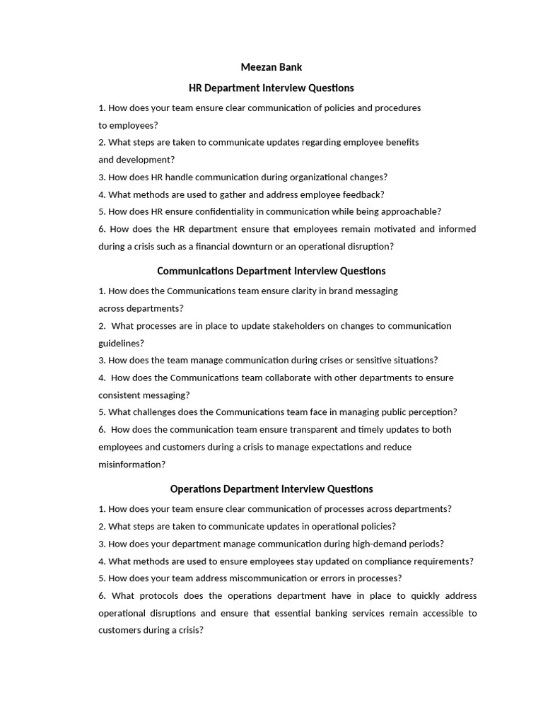 Interview Questions for Bank Departments | PDF | Communication | Regulatory  Compliance