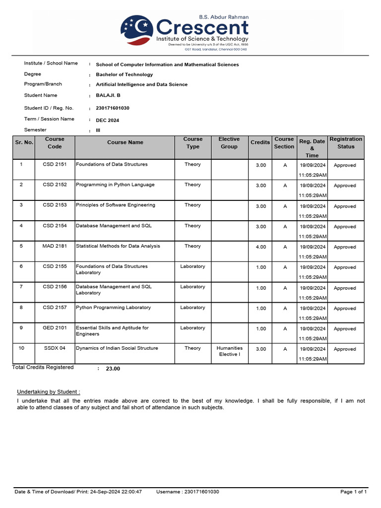 B.Tech AI & Data Science Course Registration | PDF | Data | Sql