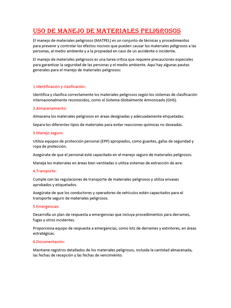 Uso de Manejo de Materiales Peligrosos | PDF | Mercancías peligrosas ...