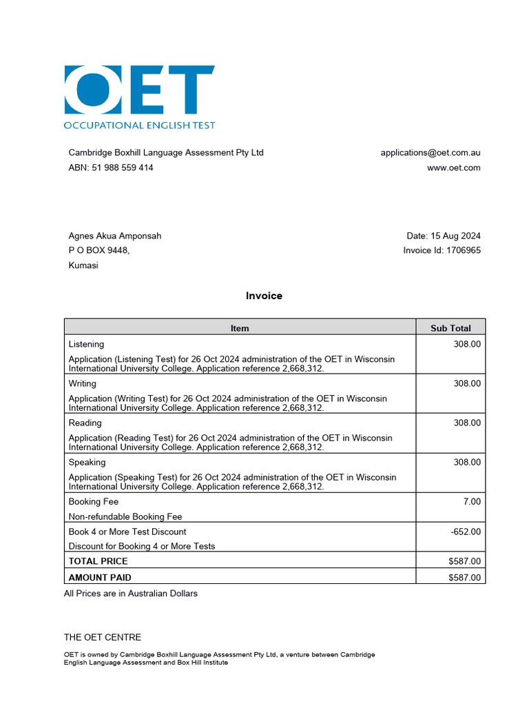 OET Test Application Invoice Details | PDF