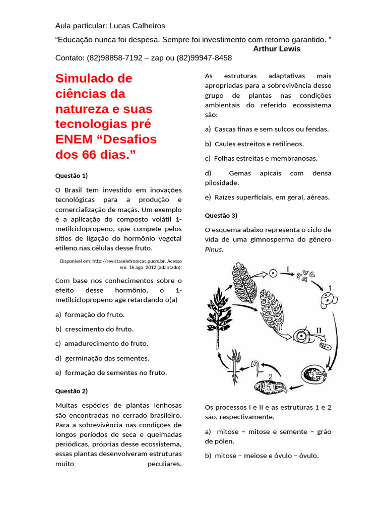 Simulado de Ciencias Da Natureza e Sua Tecnologias Desafio 66 Dias 1 ...