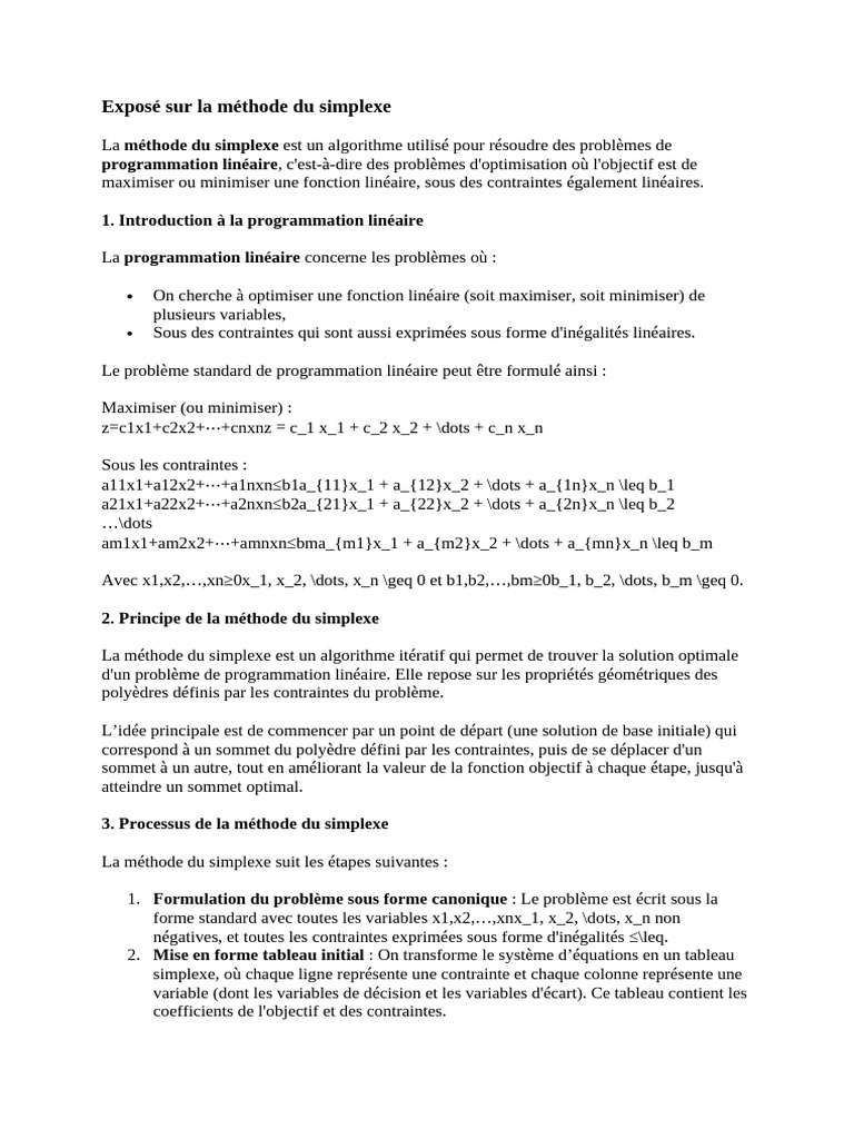 Méthode du Simplexe en Programmation Linéaire | PDF | Optimisation ...