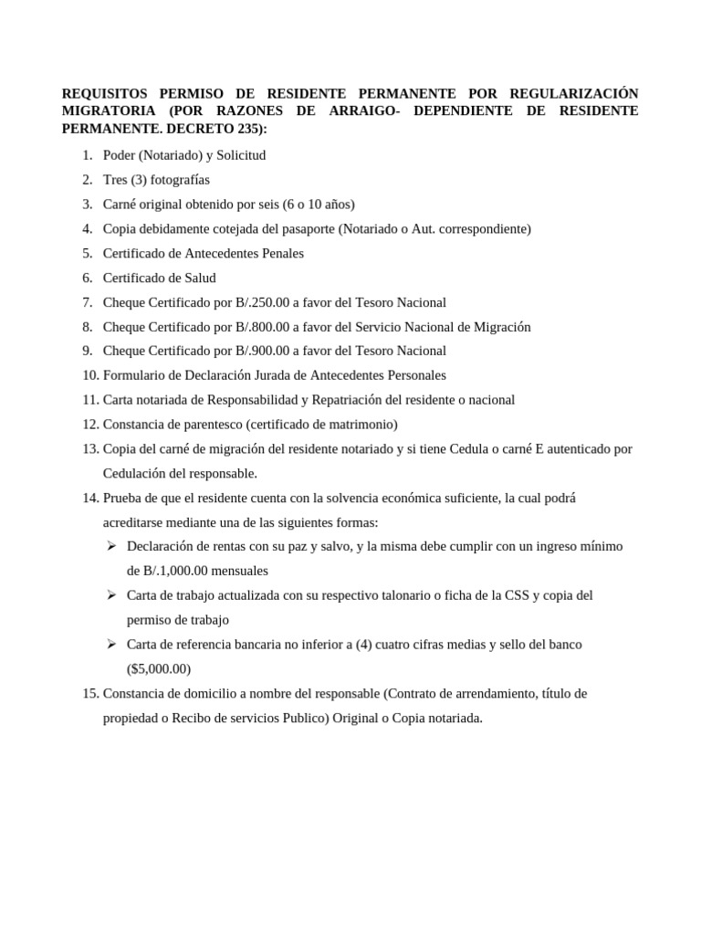 Requisitos permiso de residente permanente por regularizaci n