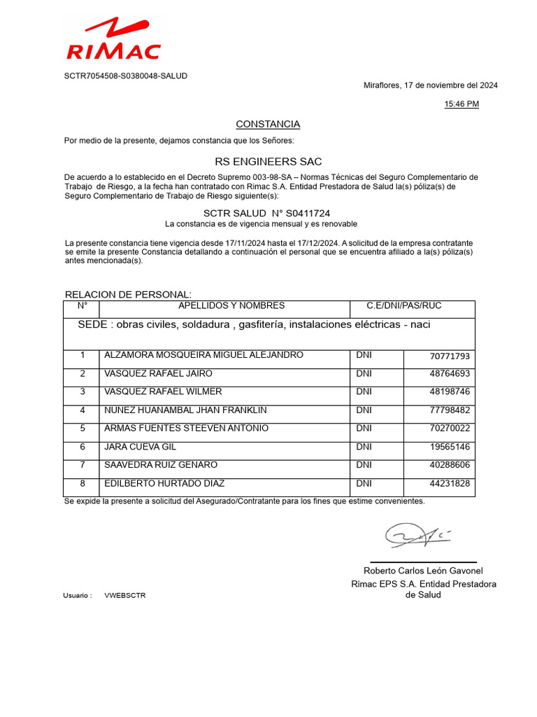 Constancia de Seguro SCTR 2024 | PDF | Seguro | Riesgo financiero