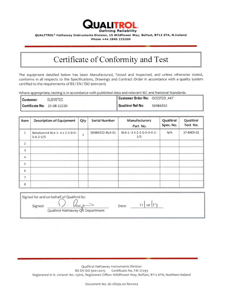 Certificate of Conformity and Test | PDF