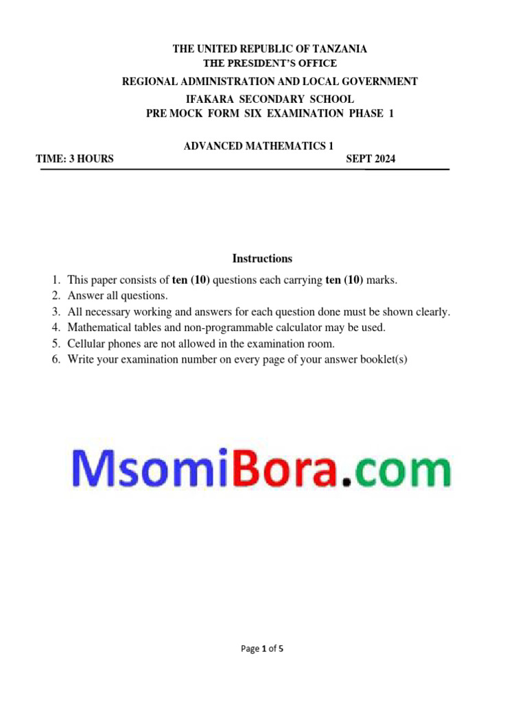 Grade 12 Advanced Mathematics Mock Exam | PDF | Function (Mathematics ...