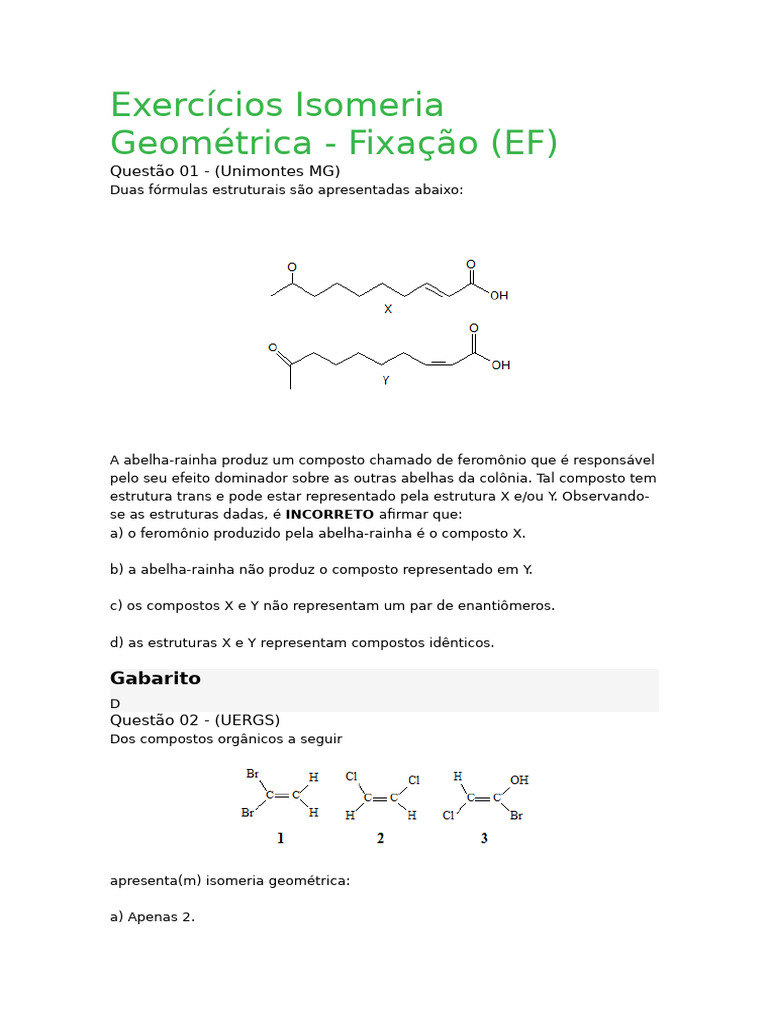 Exercícios de Isomeria Geométrica | PDF | Gordura trans | Isômero