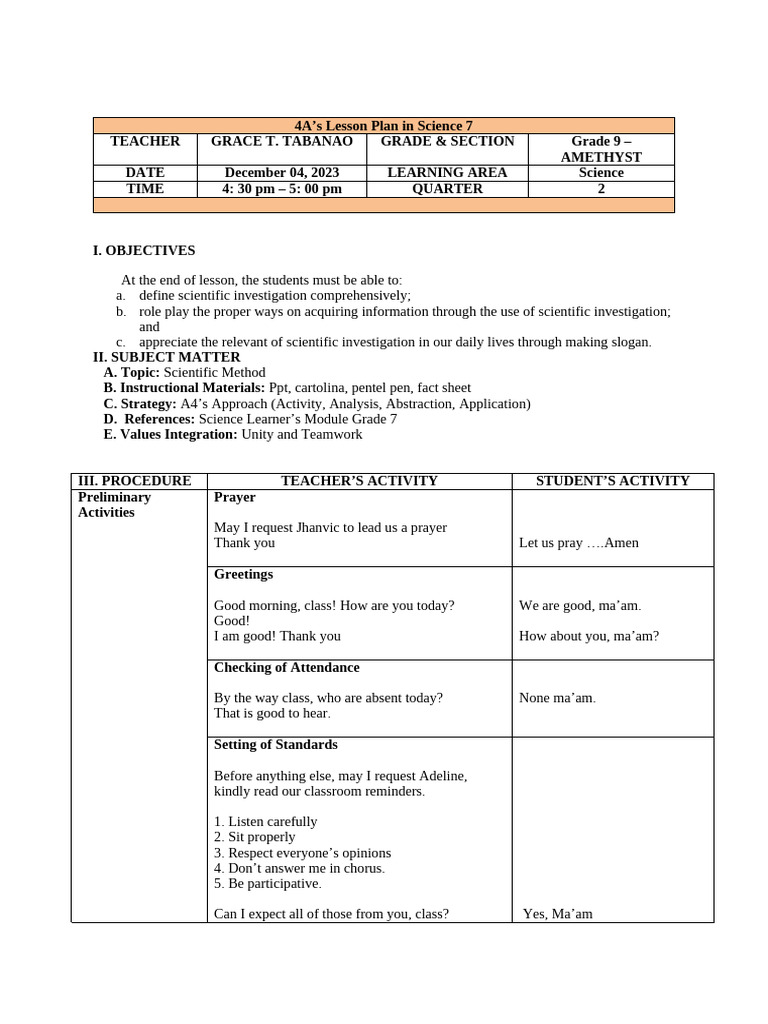 Grade 9 Science Lesson: Scientific Method | PDF | Experiment | Hypothesis