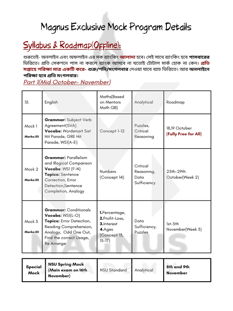NSU Mock Exam Schedule and Details | PDF