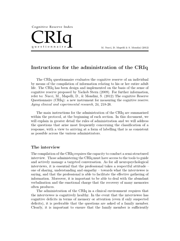 CRIq Questionnaire Administration Guide | PDF | Employment | Cognition