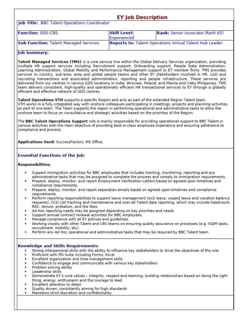 JD - BBC - Talent Operations Coordinator - Senior Associate | PDF ...