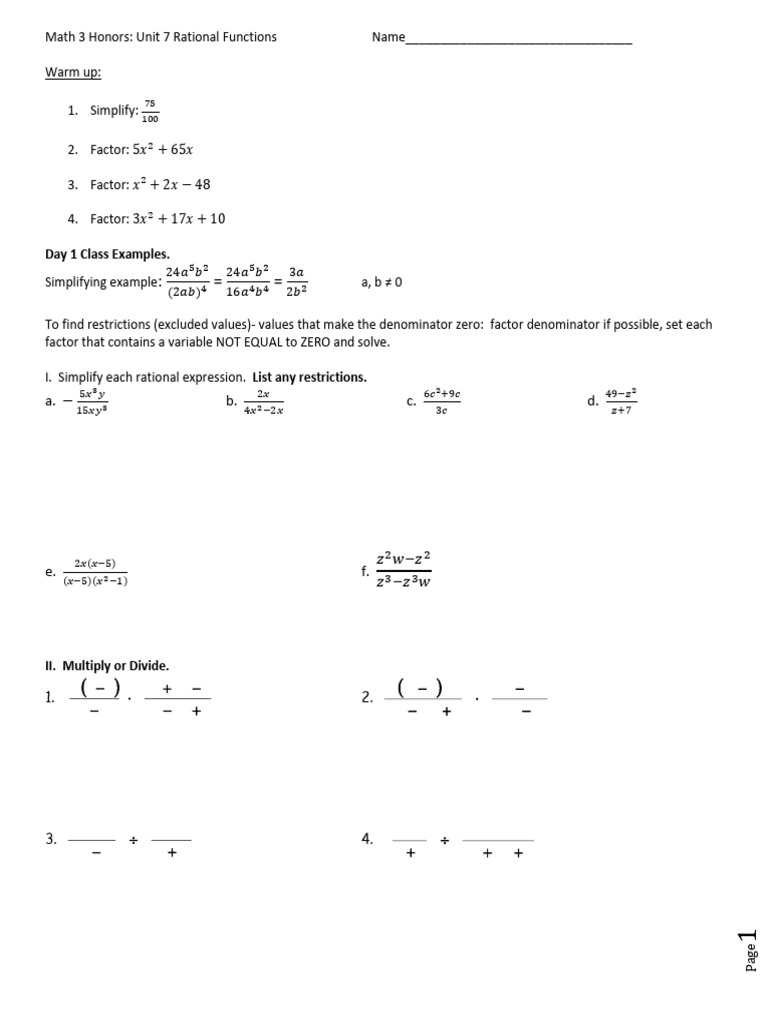 Rational Functions: Unit 7 Overview | PDF | Asymptote | Function ...