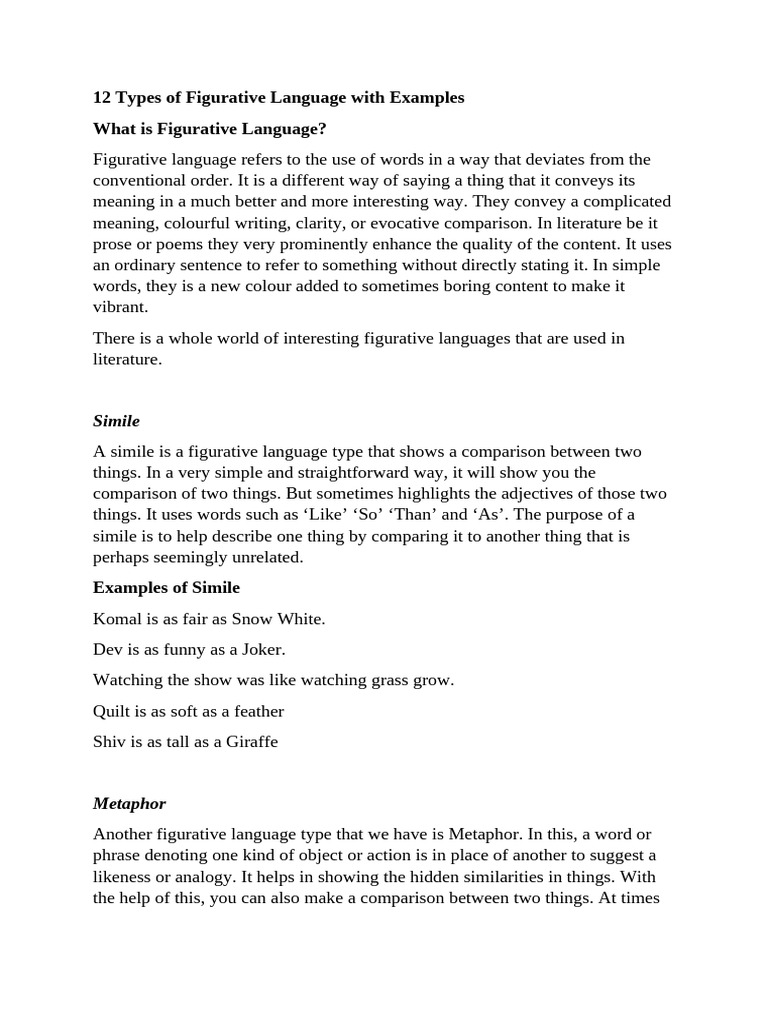 12 Types Of Figurative Language With Examples Pdf Linguistics
