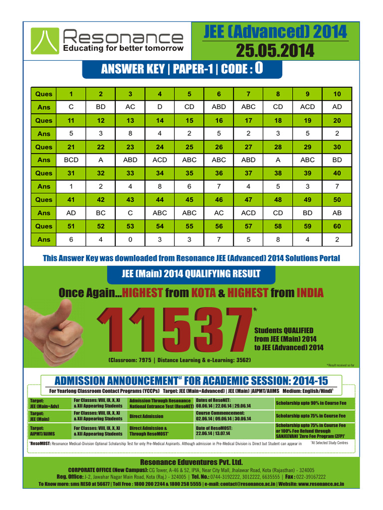 JEE Advanced 2014 Answer Key Paper 1 Code 0 v2 | PDF | Evaluation ...