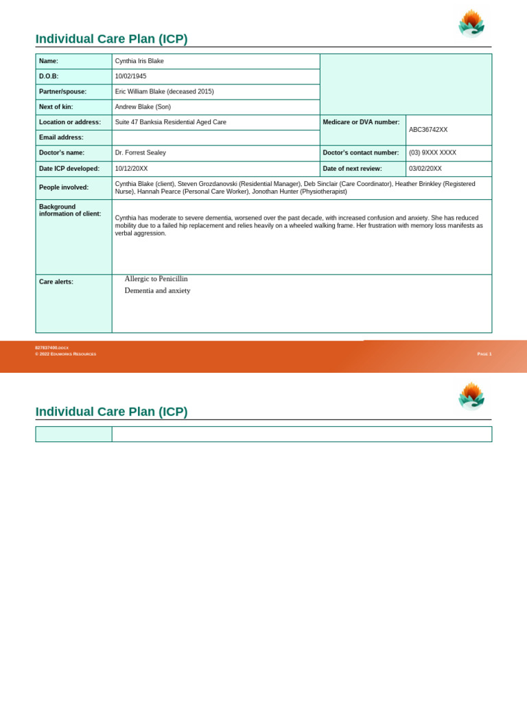Individual Care Plan for Cynthia Blake | PDF | Urinary Incontinence ...