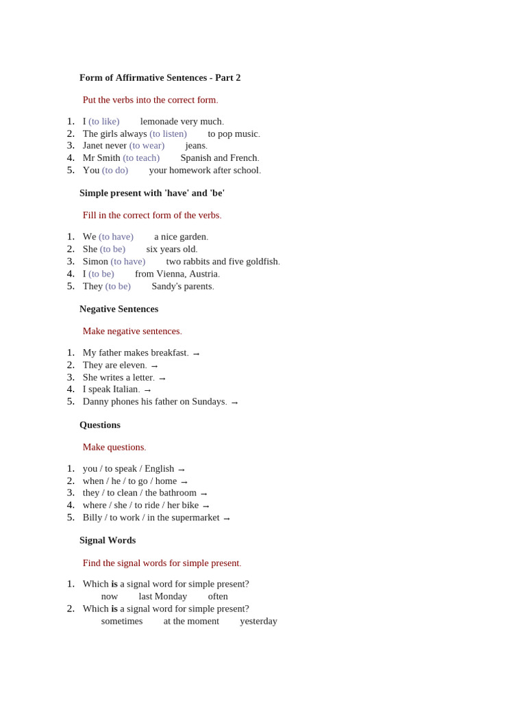 Affirmative Sentences and Simple Present Exercises | PDF | Language ...