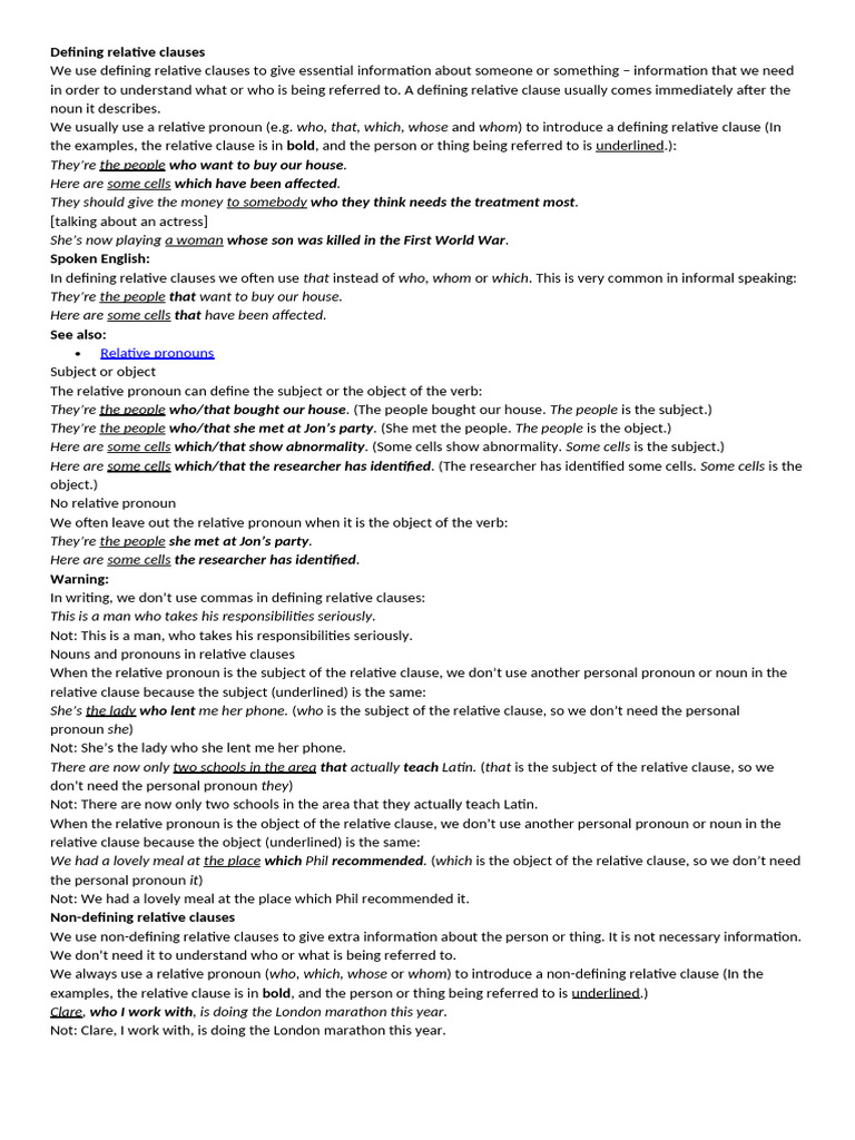 Understanding Defining Relative Clauses | PDF | Subject (Grammar) | Pronoun