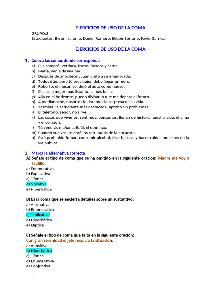 Ejercicios Prácticos de Uso de la Coma | PDF