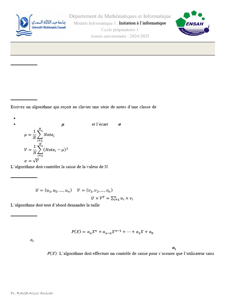 Algorithmes sur tableaux et matrices | PDF | Matrice (Mathématiques ...
