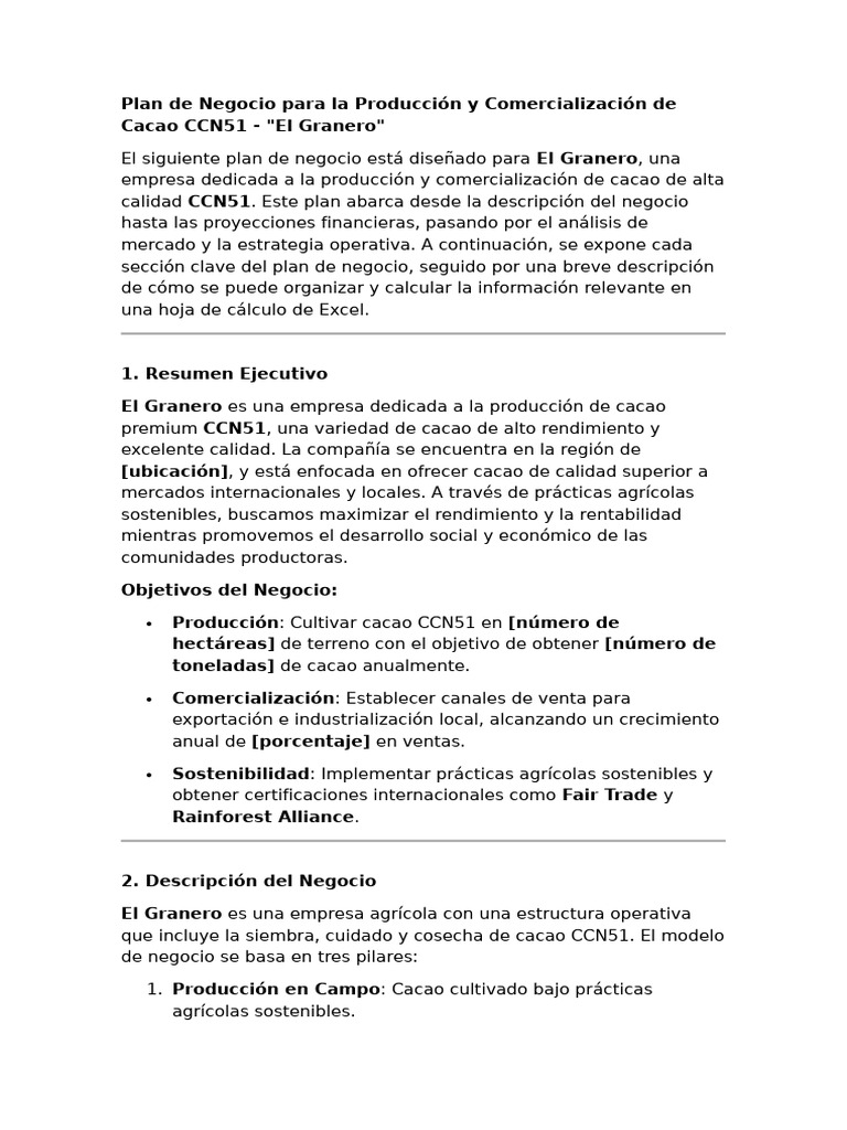 Plan De Negocio Cacao Ccn51 El Granero Pdf Plan De Negocios
