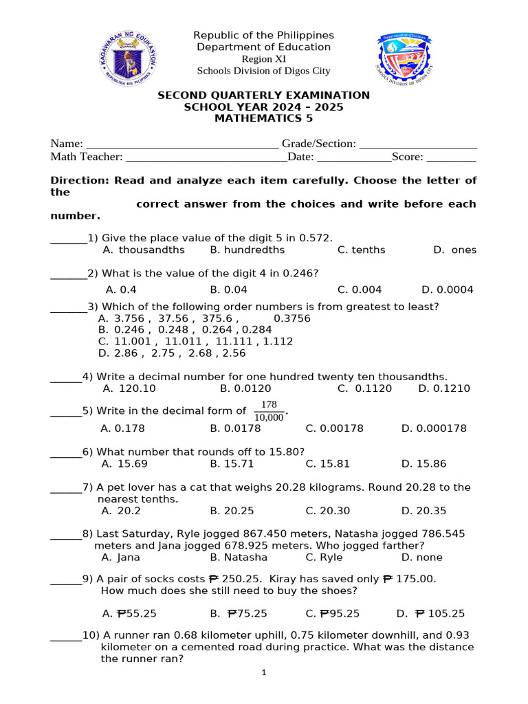 Grade 5 Mathematics Quarterly Exam | PDF | Mathematics