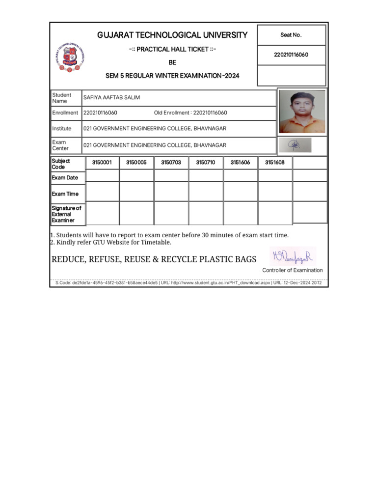 GTU BE Sem 5 Winter Exam Hall Ticket | PDF