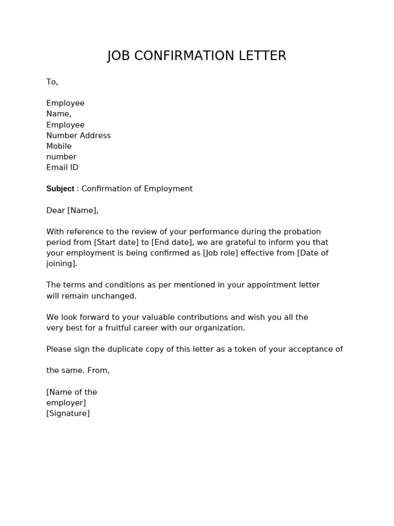 Job Confirmation Letter - Template | PDF