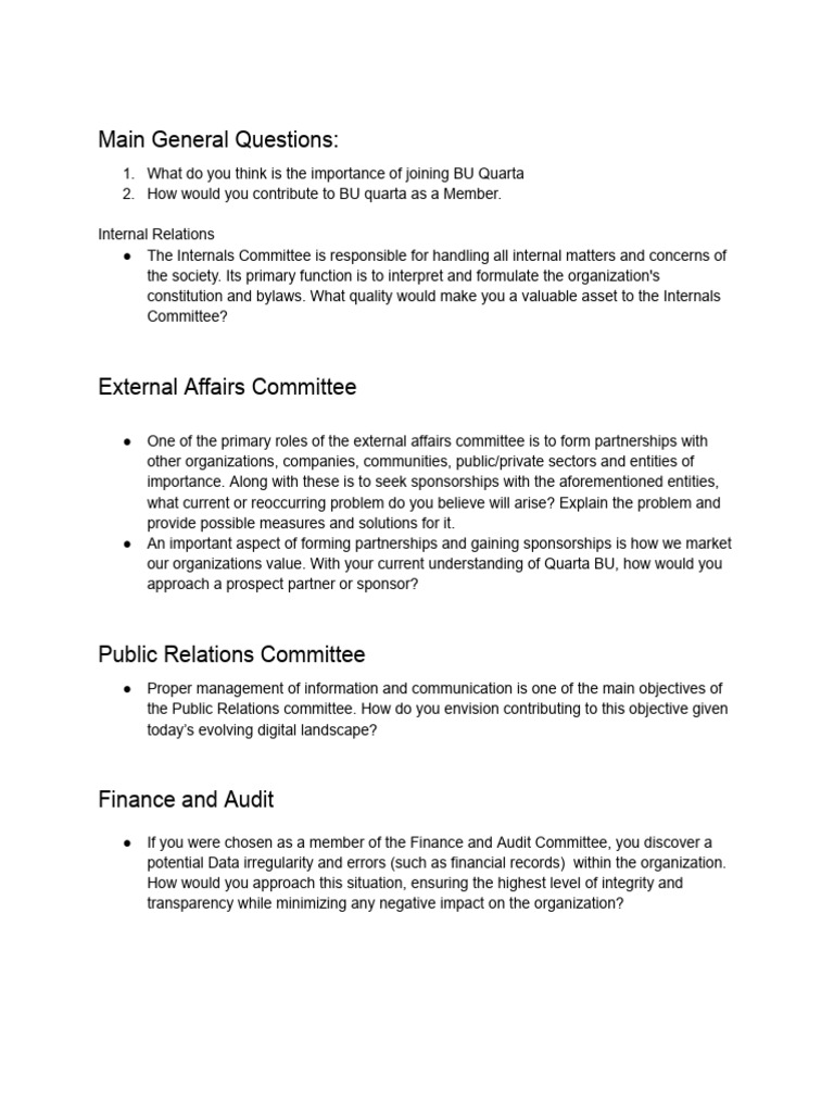 Committee Questions Financial Org | PDF | Audit | Business