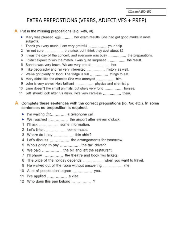 Extra Prepostions (Adj Verb + Prep) | PDF
