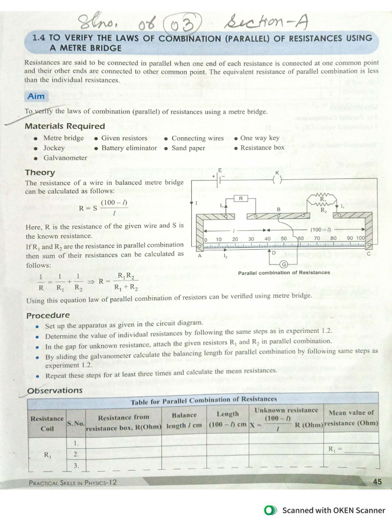 Or 3A to Verify Law of Combination(Parallel) of Resistance Using a ...