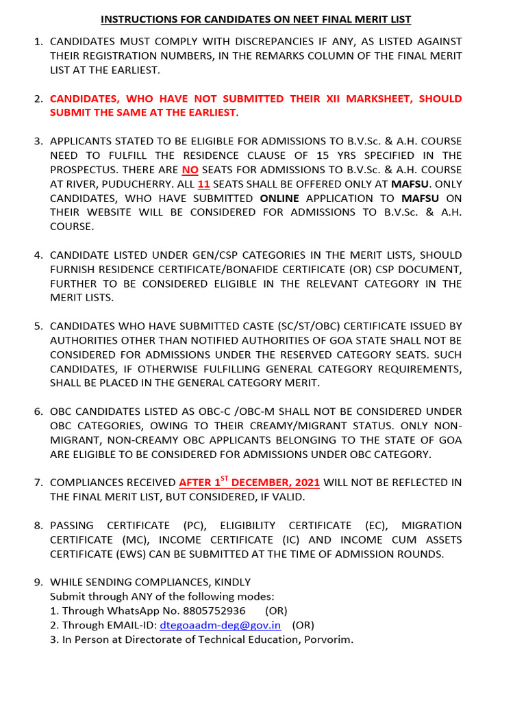 NEET 2021 Goa Final Merit List Instructions | PDF | Medicine | Higher ...