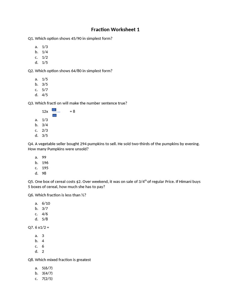 Fraction Worksheet2 | PDF