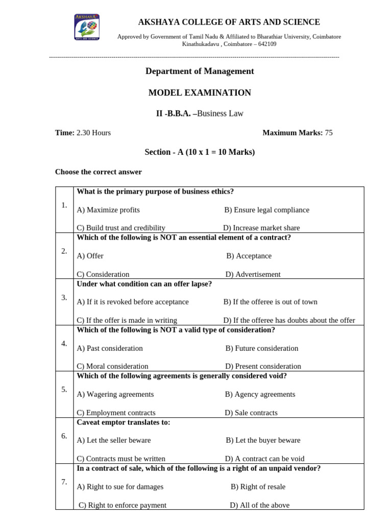 BBA Business Law Exam Guide | PDF | Consideration | Private Law