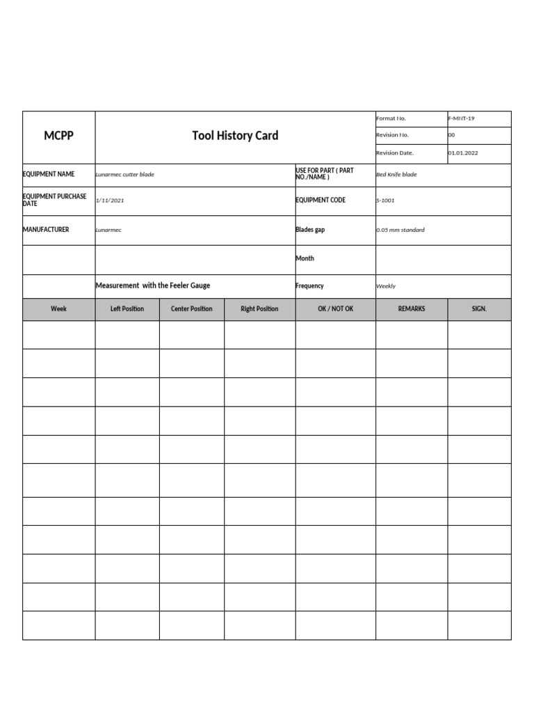 F-MNT-19 Tool History Card Rev00 | PDF