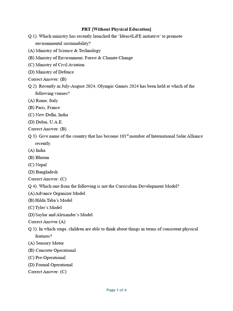 PRT Questions on Education and Science | PDF