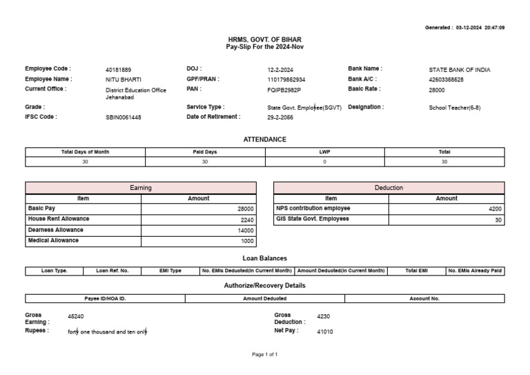 Bihar State Govt. Employee Pay Slip | PDF | Taxes | Government Finances