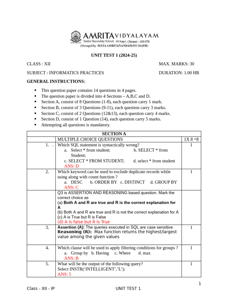 Class XII Informatics Practices Unit Test | PDF | Sql | Computing