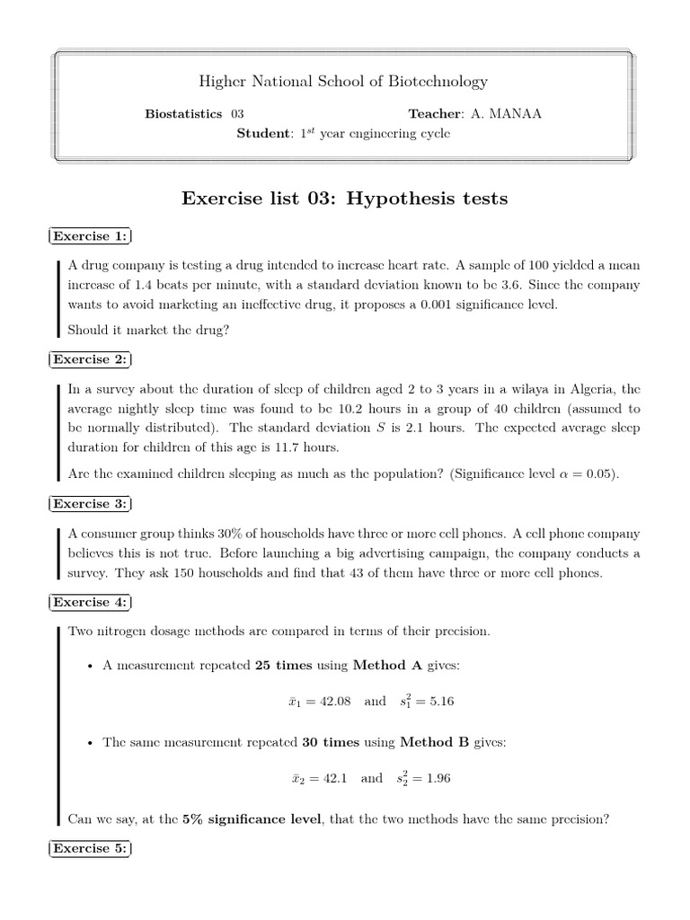 Exercise List 03 Hypothesis Tests | PDF | Statistical Significance ...